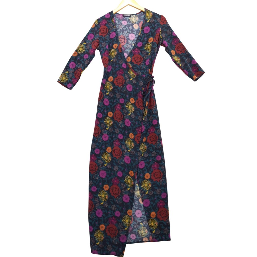 American Apparel Floral Wrap Maxi Dress Womens S Navy Blue Long Sleeve V-Neck